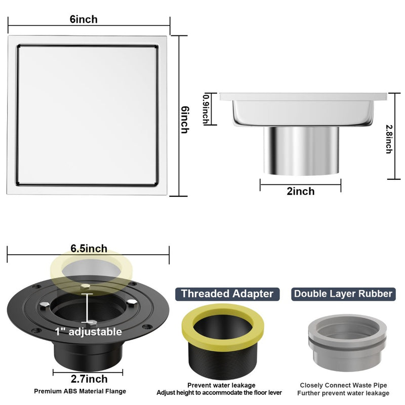 Bostingner 6 Inch Square Invisible Shower Floor Drain Detachable Bathroom Floor Drain Flange - bostingner