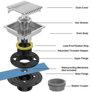 Bostingner 6 Inch Square Shower Drain with Flange,Quadrato Pattern Grate Removable Stainless Steel - bostingner