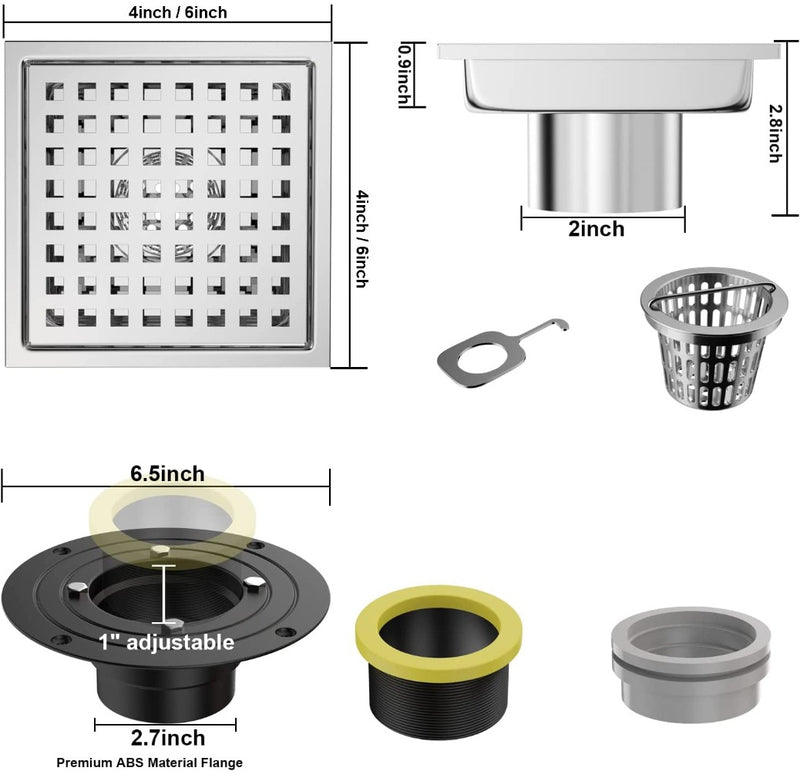 Bostingner Square Shower Drain with Flange,Quadrato Pattern Grate Removable 4Inch/6Inch - bostingner