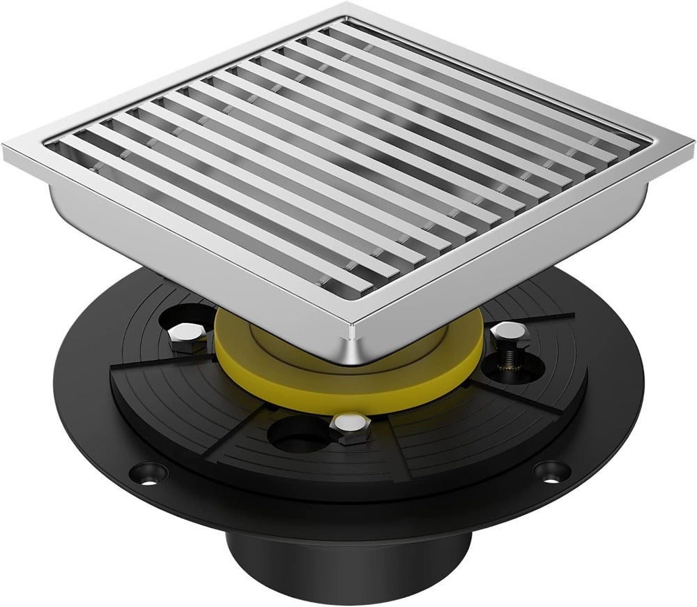 Bostingner Square Shower Drain with Flange,Square Pattern Grate Removable Stainless Steel 4Inch/6Inch
