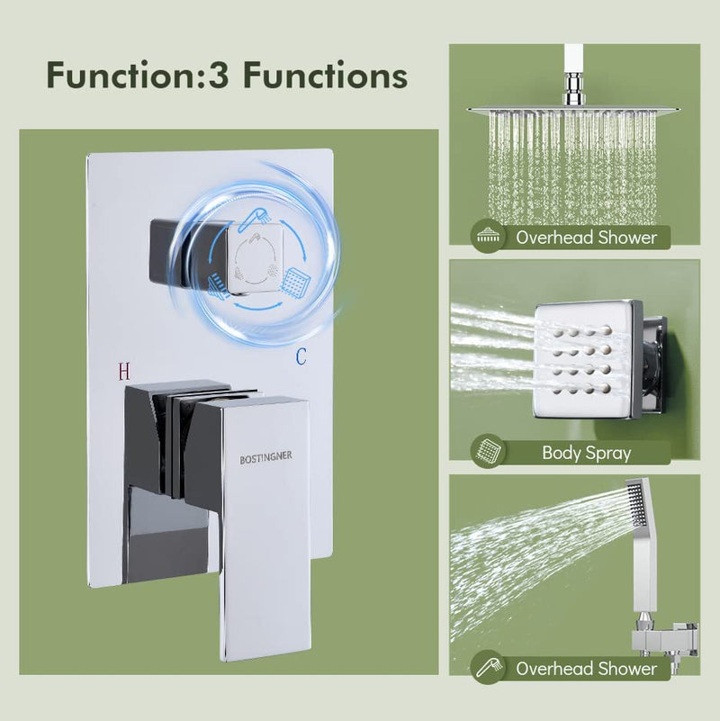 Bostingner Shower System with Body Spray Jets Ceiling Mounted Chrome 10 Inch - bostingner