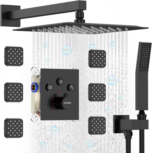 Bostingner Shower System Thermostatic with 6 Pcs Body Jets Wall Mounted Matte Black 12 Inch - bostingner
