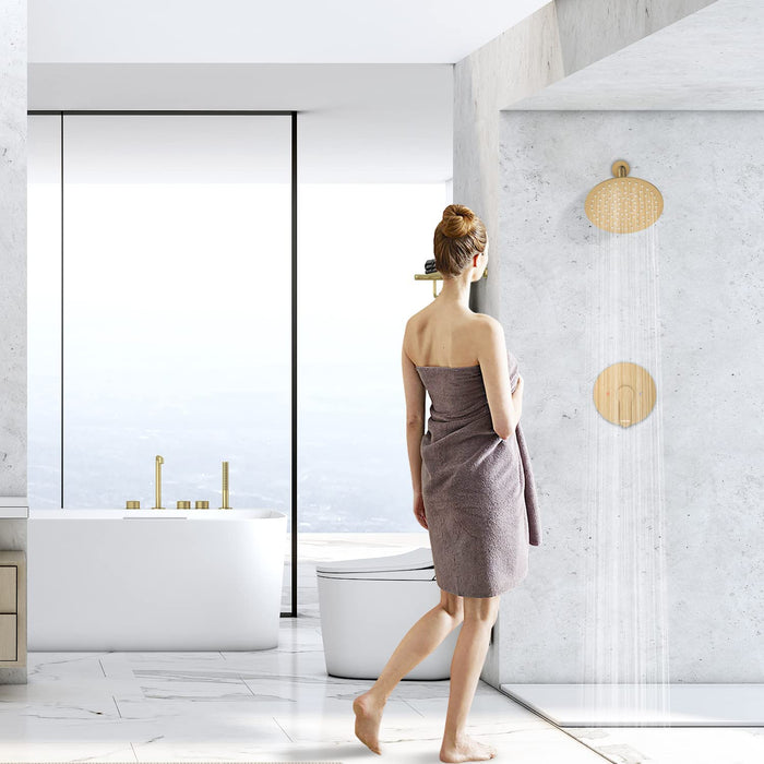Bostingner Shower Faucet Set 8 Inch Round Shower Head With Valve Brushed Gold - bostingner
