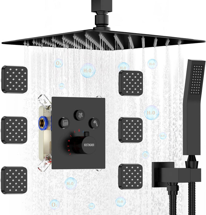 Bostingner Shower System Thermostatic with 6 Pcs Body Jets Ceiling Mounted Matte Black 12 Inch - bostingner
