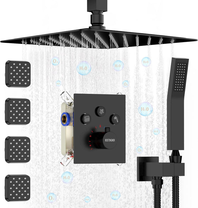 Bostingner Rain Shower System with Body Spray Jets Thermostatic Ceiling Mount Matte Black 12 Inch - bostingner