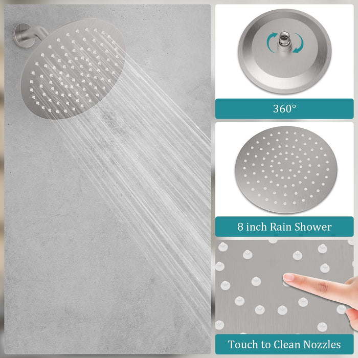 Bostingner Shower Faucet Set 8 Inch Round Shower Head With Valve Brushed Nickel - bostingner