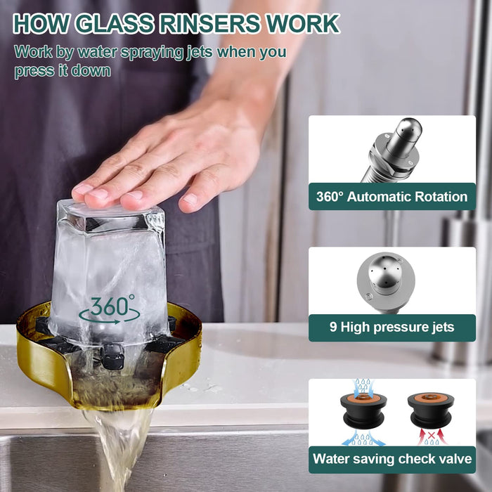 Glass Rinser for Kitchen Sink Washer Cup Cleaner Metal Bottle Washer for  Sink Glass Cup Washer Kitchen Sink Bar Glass Rinser, 360 Rotating Cleaning,  Kitchen Sink Accessories for Home Bar Faucet