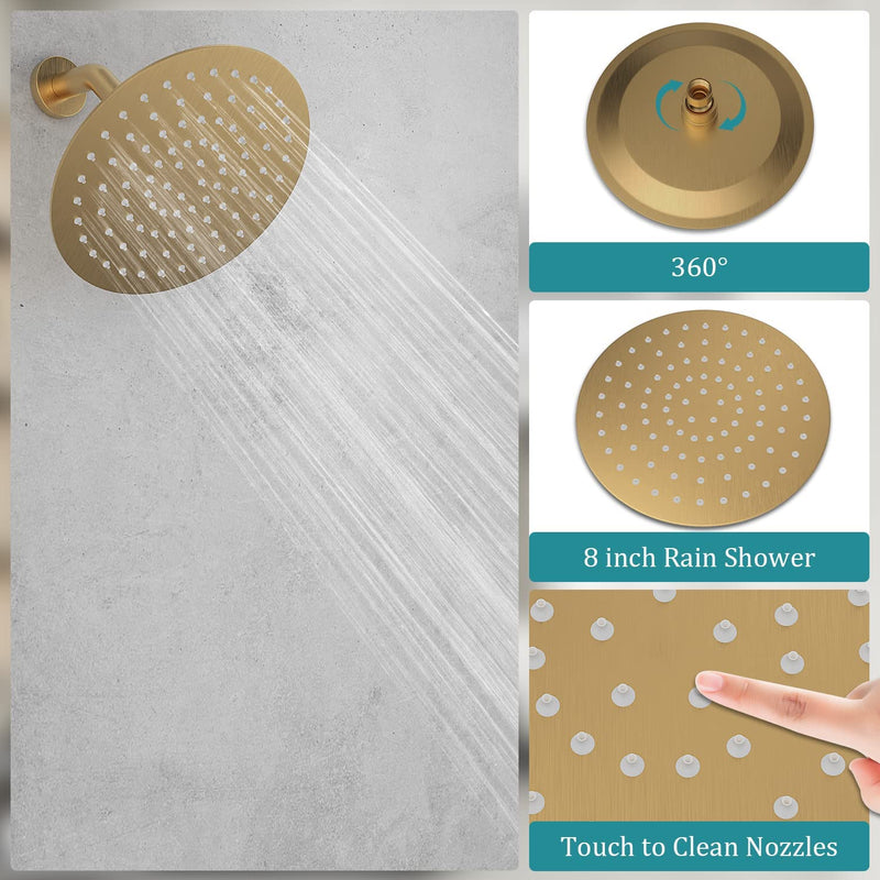 Bostingner Shower Faucet Set 8 Inch Round Shower Head With Valve Brushed Gold - bostingner