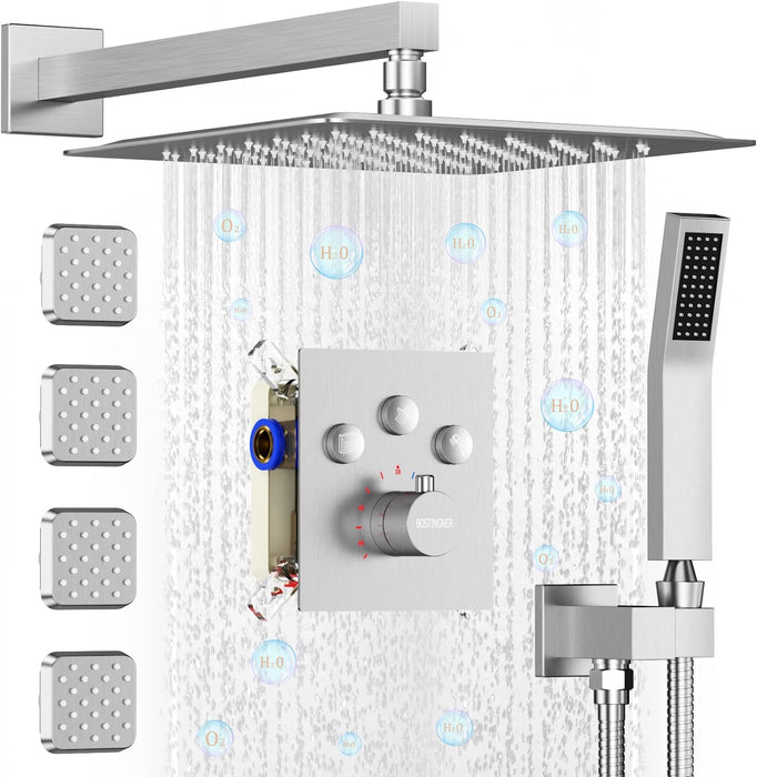 Bostingner Rain Shower System with Body Spray Jets Thermostatic Wall Mount Brushed Nickel 12 Inch - bostingner