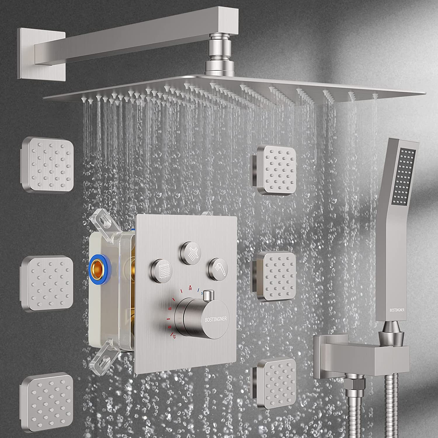 Bostingner Shower System Thermostatic with 6 Pcs Body Jets Wall Mounte