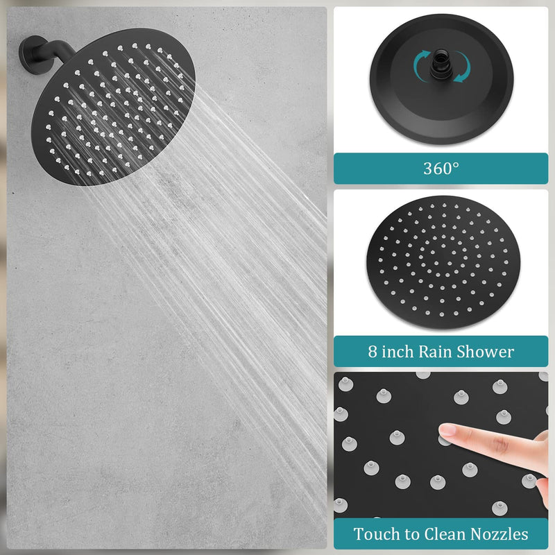 Bostingner Shower Faucet Set 8 Inch Round Shower Head With Valve Matte Black - bostingner