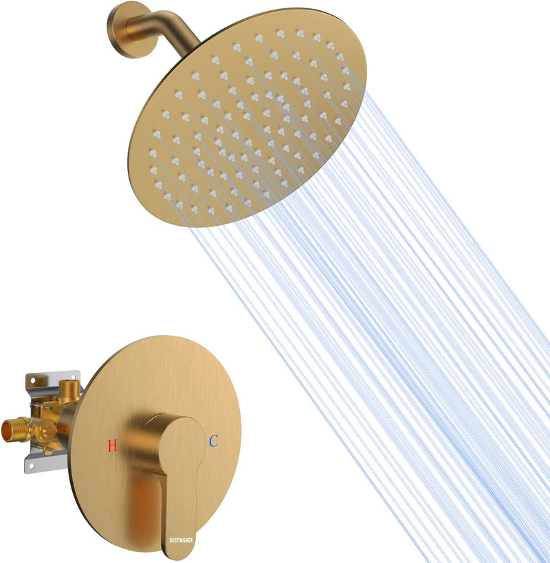 Bostingner Shower Faucet Set 8 Inch Round Shower Head With Valve Brushed Gold - bostingner