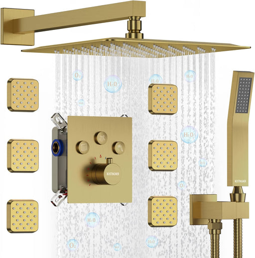 Bostingner Shower System Thermostatic with 6 Pcs Body Jets Wall Mounted Brushed Gold 12 Inch - bostingner