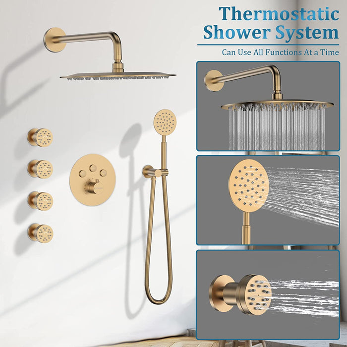 Bostingner Thermostatic Shower System Round 12 Inch Brushed Gold