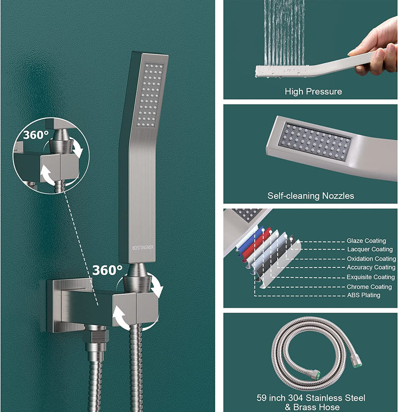 Bostingner Shower System Thermostatic with 6 Pcs Body Jets Wall Mounted Brushed Nickel 12 Inch - bostingner