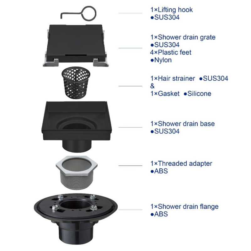 Bostingner Square Shower Drain with Removable Tile Insert Grate 4Inch/5Inch/6Inch/8Inch - bostingner